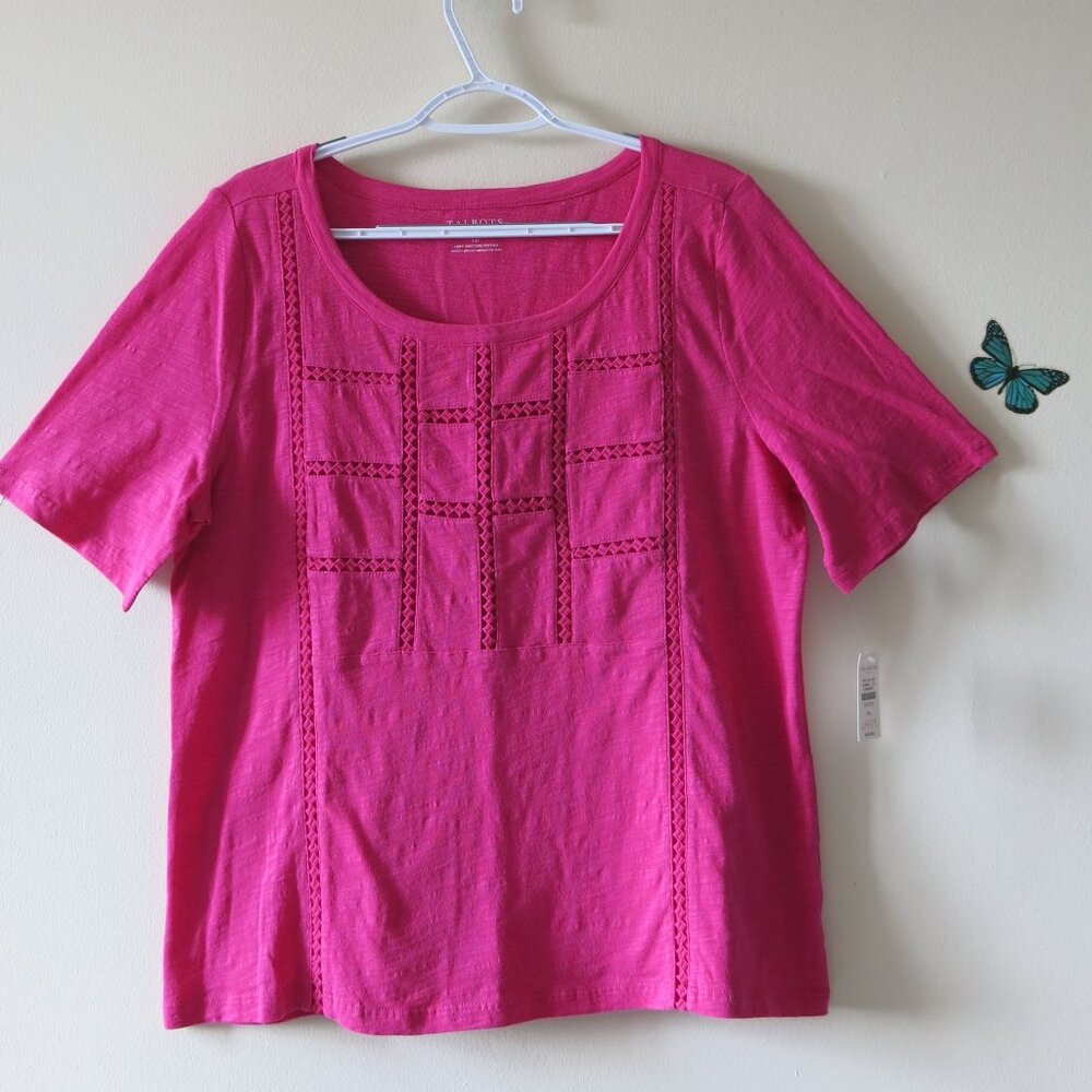 Talbots Pink Magenta Cotton Embroidery Chic Geometric Design T-Shirt Size LP